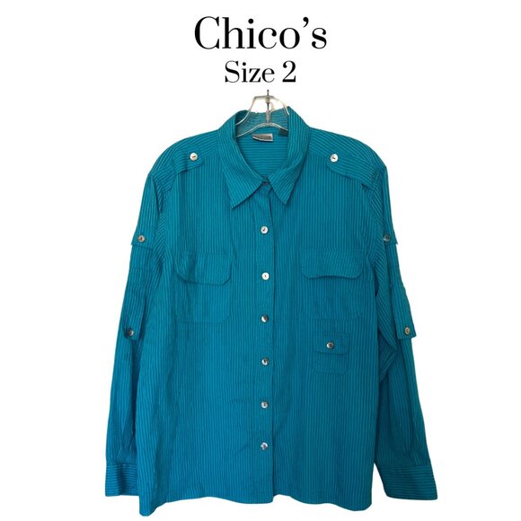 EUC Chico's Teal striped button down shirt ladies front pockets roll up sleeves - Picture 1 of 9